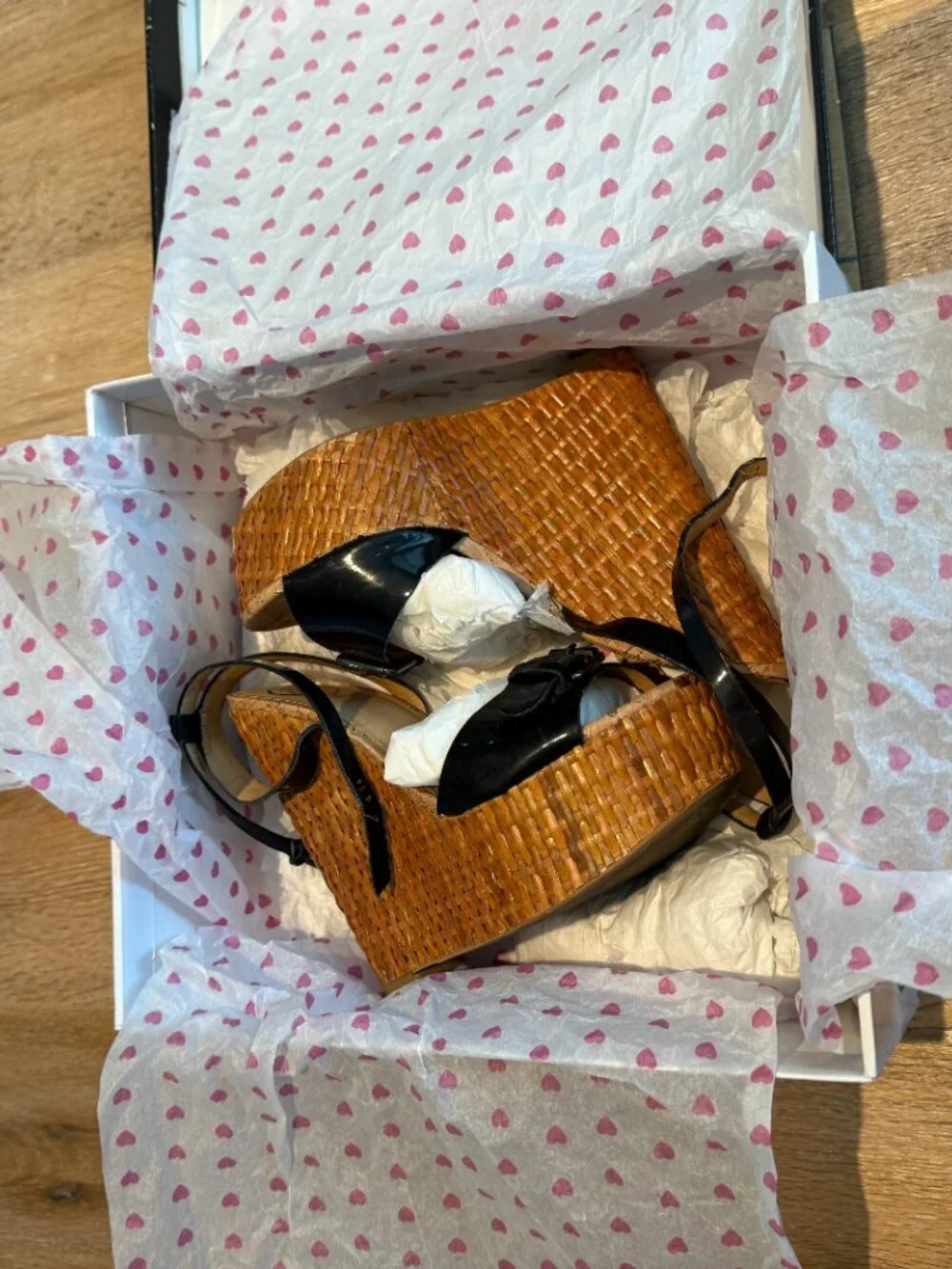Penny Loves Kenny Black Patent Espadrille Wedges Sandals with Buckle With Box